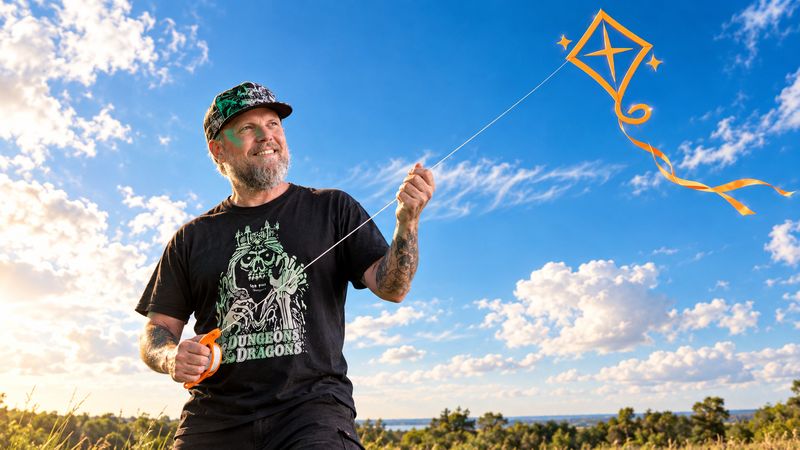 Keith Jackson, founder of KiteForge, flying an orange kite under a blue sky